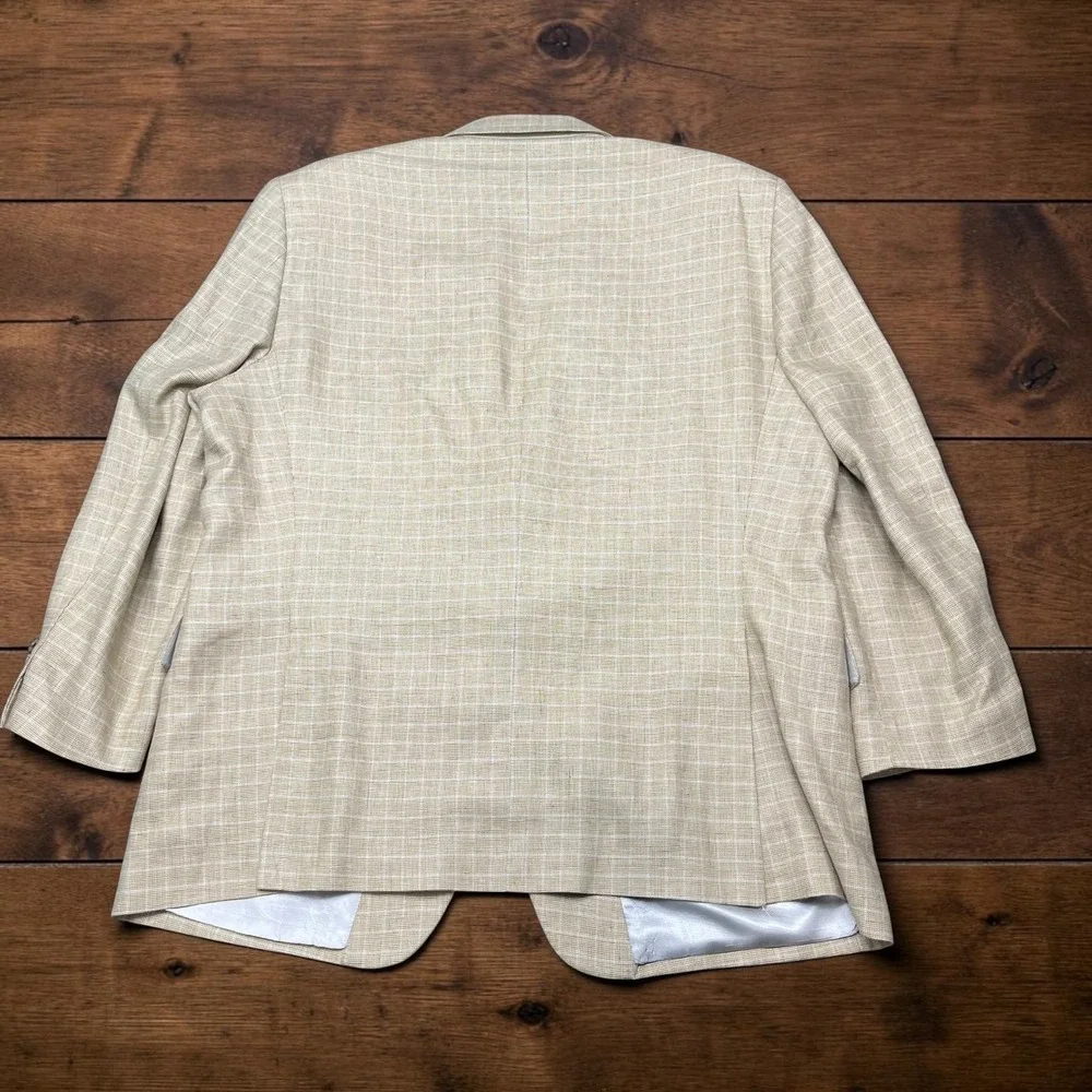 Jos A Bank Tan Windowpane Linen Cotton Blazer Sport Coat Mens 48R 2 Button Tan